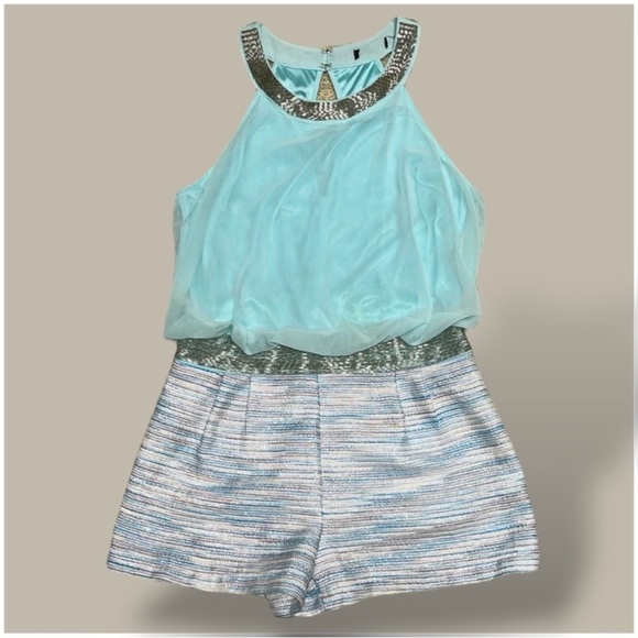 Lovposh Silver Bead Embellished Halter Romper Chiffon & Striped Shorts Sz Large - Picture 7 of 13